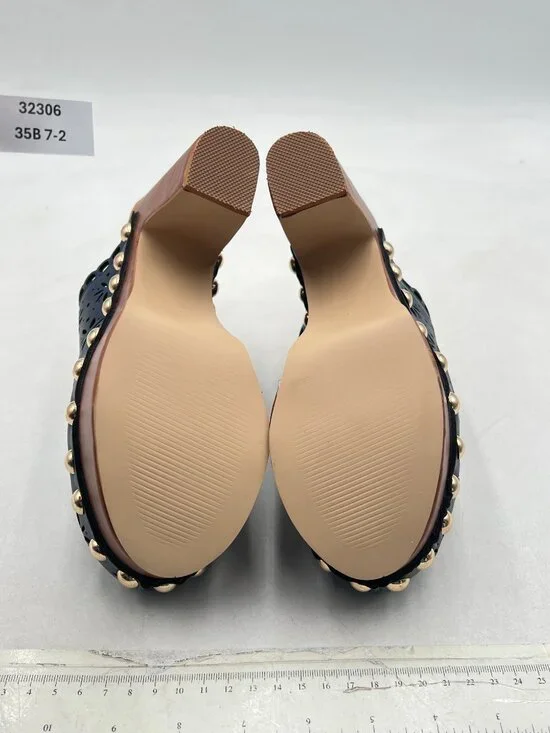 FOWT Blue Studded Round Toe Floral Cut Out Platform Mules Chunky Heel Sandals - Picture 7 of 8